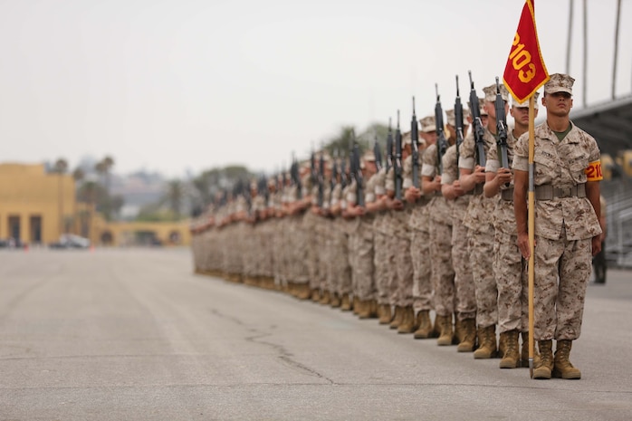 Recruits of Platoon 2103, Echo Company, 2nd Recruit Training Battalion, perform the Column of Files drill movement during Final Drill aboard Marine Corps Recruit Depot San Diego, Calif., June 30. During Final Drill, drill masters grade each platoon on their execution of drill movements, uniforms and bearing.