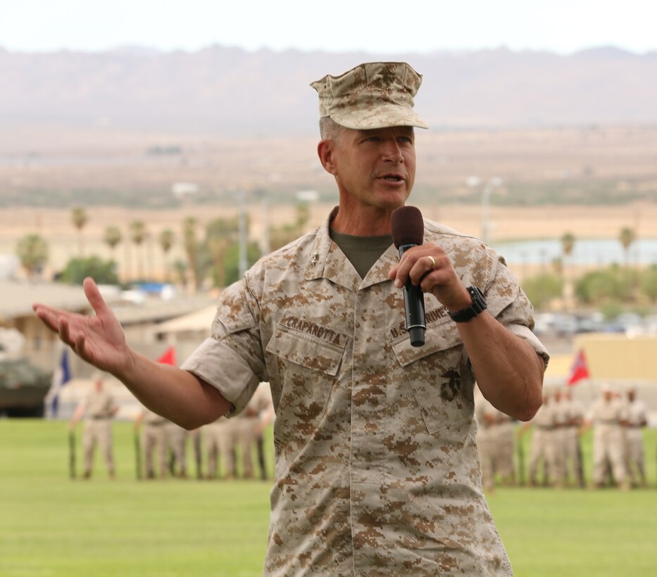 Maj. Gen. Lewis A. Crapparotta, Combat Center Commanding General, makes his remarks during a change of command ceremony at Lance Cpl. Torrey L. Gray Field, July 10, 2014. "For me, it's clear," Craparotta said. "I have to carry out the vision and priorities that were set by Maj. Gen. Berger and I have to sustain the facilities, resources and services that make the Combat Center run smoothly."