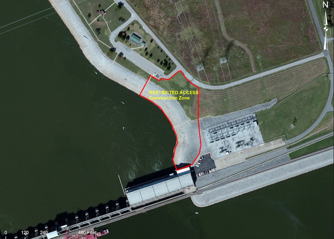 The U.S. Army Corps of Engineers Nashville District recently awarded a contract to construct an accessible fishing access sidewalk in the Barkley Dam tailwater area in Kuttawa, Ky.  Work on this project begins today and will continue for approximately six months. This aerial photo shows the area that will be closed during construction.