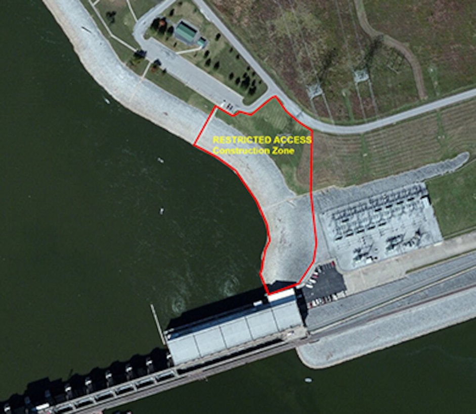 The U.S. Army Corps of Engineers Nashville District recently awarded a contract to construct an accessible fishing access sidewalk in the Barkley Dam tailwater area in Kuttawa, Ky. Work on this project begins today and will continue for approximately six months. This aerial photo shows the area that will be closed during construction.