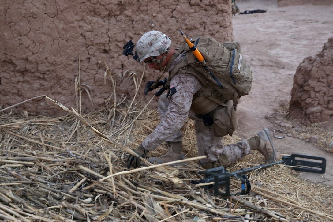 Lance Cpl. Kevin Paul, combat engineer, Bravo Company, 1st Battalion, 7th Marine Regiment, searches a pile of dead vegetation for nefarious materials during a mission in Helmand province, Afghanistan, July 4, 2014. The company operated in Gereshk for three days and was involved in numerous kinetic engagements with Taliban insurgents.
(U.S. Marine Corps photo by Cpl. Joseph Scanlan / released)