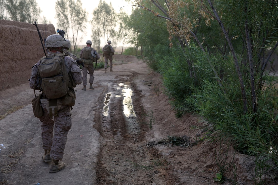 Marines with Bravo Company, 1st Battalion, 7th Marine Regiment, patrol to their next objective during a mission in Helmand province, Afghanistan, July 4, 2014. The company operated in Gereshk for three days and was involved in numerous kinetic engagements with Taliban insurgents.
(U.S. Marine Corps photo by Cpl. Joseph Scanlan / released)