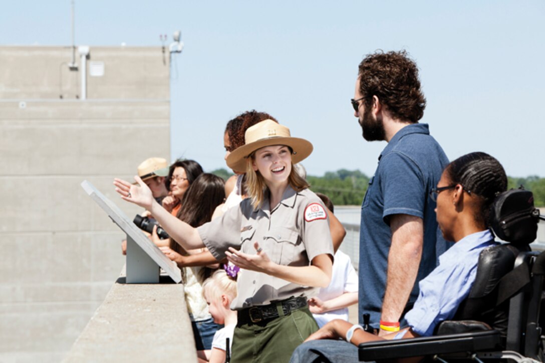 The Army Corps of Engineers' Interpretive Services and Outreach Program leads a variety of programs throughout the Mississippi Valley Division including lock and dam tours, summer camps, pond studies, and hikes that promote understanding of the Mississippi River Watershed. (Photo by St. Louis District)  