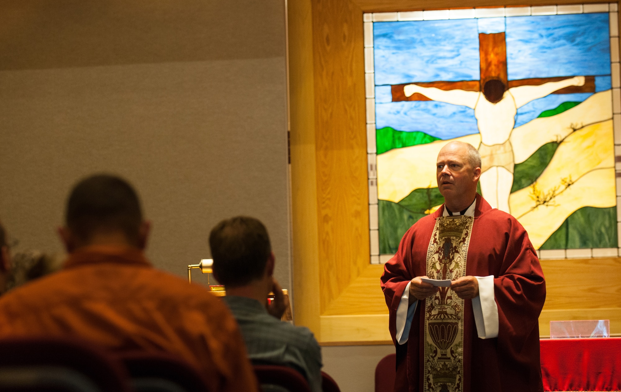 U.S. Air Force Maj. Chad Zielinski, 354th Fighter Wing Catholic chaplain, preaches during Sunday Mass at Fort Wainwright, Alaska, June 29, 2014. Chaplain Zielinski was filling in as the Fort Wainwright Catholic Chaplain during a manning shortfall.  (U.S. Air Force photo by Tech. Sgt. Joseph Swafford/Released)