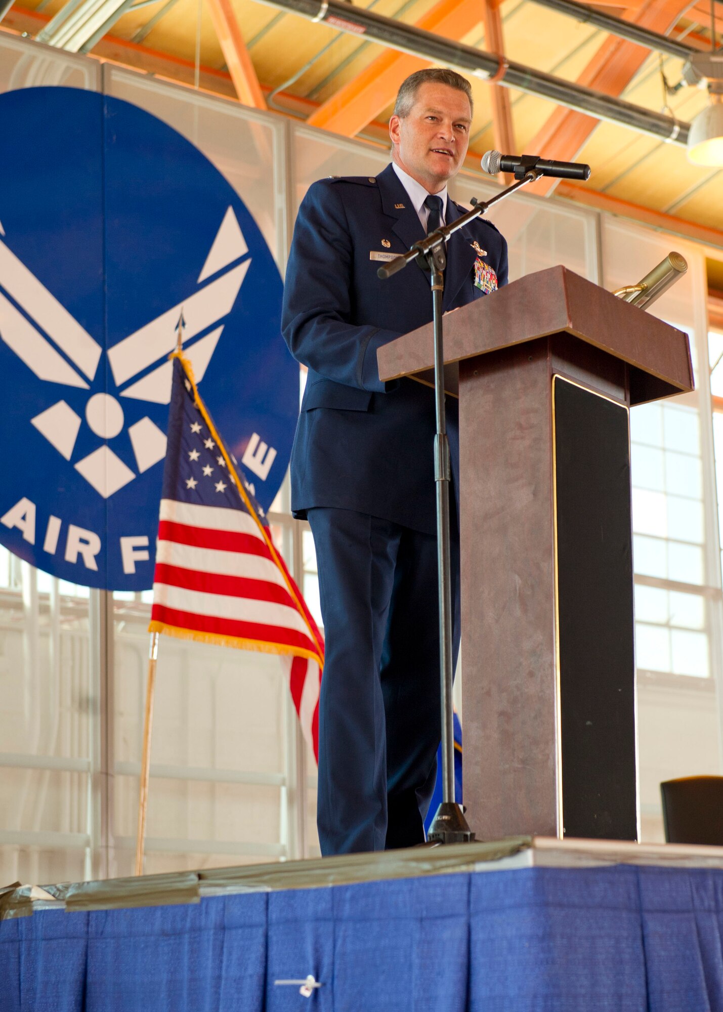 Colonel James Thompson, 49th Wing interim commander, delivers an introduction speech during the 49th Mission Support Group change of command ceremony at Holloman Air Force Base, N.M., July 11. Colonel Robert G. Brown assumed command of the 49th MSG from Col. Kevin S. Bennett. The group is the home to the 49th Logistics Readiness Squadron, 49th Communications Squadron, 49th Contracting Squadron, 49th Security Forces Squadron, 49th Civil Engineer Squadron and the 49th Force Support Squadron. (U.S. Air Force photo by Staff Sgt. E’Lysia A. Wray/Released)