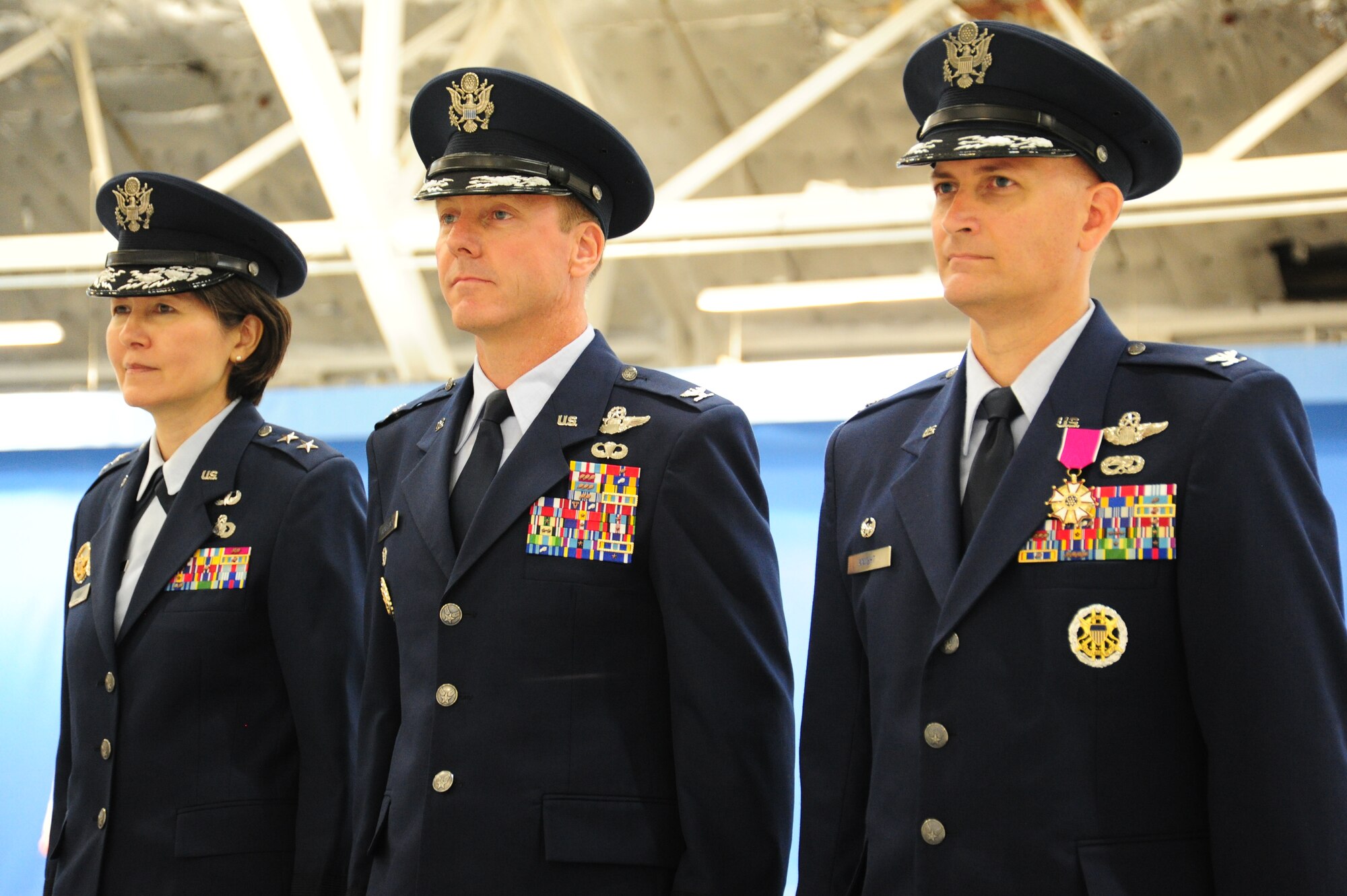 Maj. Gen. Sharon K. G. Dunbar, Air Force District of Washington commander, Col. Bradley Hoagland and Col. Bill Knight take center stage at the 11th Wing change of command ceremony at Joint Base Andrews, Md., July 14, 2014. This ceremony transfers command from Knight to Hoagland. (U.S. Air Force photo/Airman 1st Class Joshua R. M. Dewberry)
