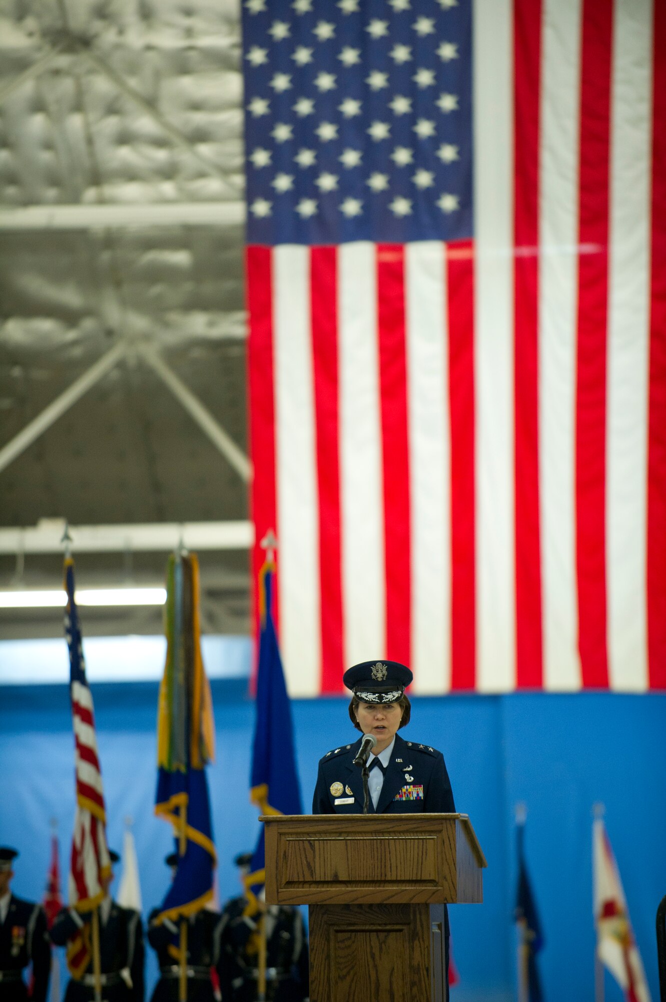 Maj. Gen. Sharon K. G. Dunbar, Air Force District of Washington commander, speaks at the 11th Wing change of command ceremony at Joint Base Andrews, Md., July 14, 2014. The ceremony transfers 11th WG/JBA command from Col. Bill Knight to Col. Bradley Hoagland. (U.S. Air Force photo/Senior Airman Mariah Haddenham)
