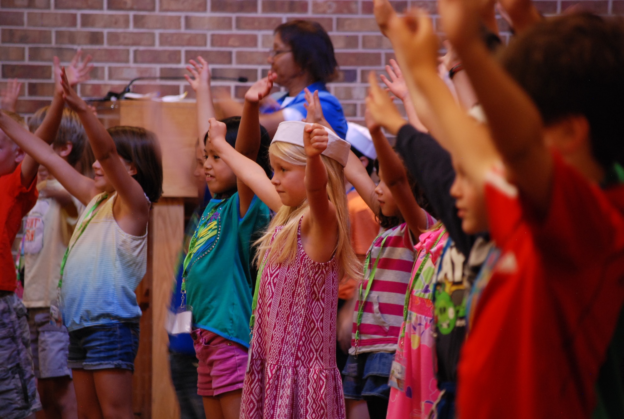 PETERSON AIR FORCE BASE, Colo. — Children perform a play at the conclusion of this year’s vacation bible school, held at the Peterson Chapel July 7-11. The theme this year was ‘SonTreasure Island’, where more than 50 children learned about bible verses, all under the backdrop of shipwrecks and buried treasure. Other activities included crafts, games and music. “The kids had a blast and were learning about the Bible at the same time,” said Cyndi Lilienthal, Peterson Chapel religious education coordinator. For information about other chapel activities, call 556-4442. (U.S. Air Force photo/Michael Golembesky)