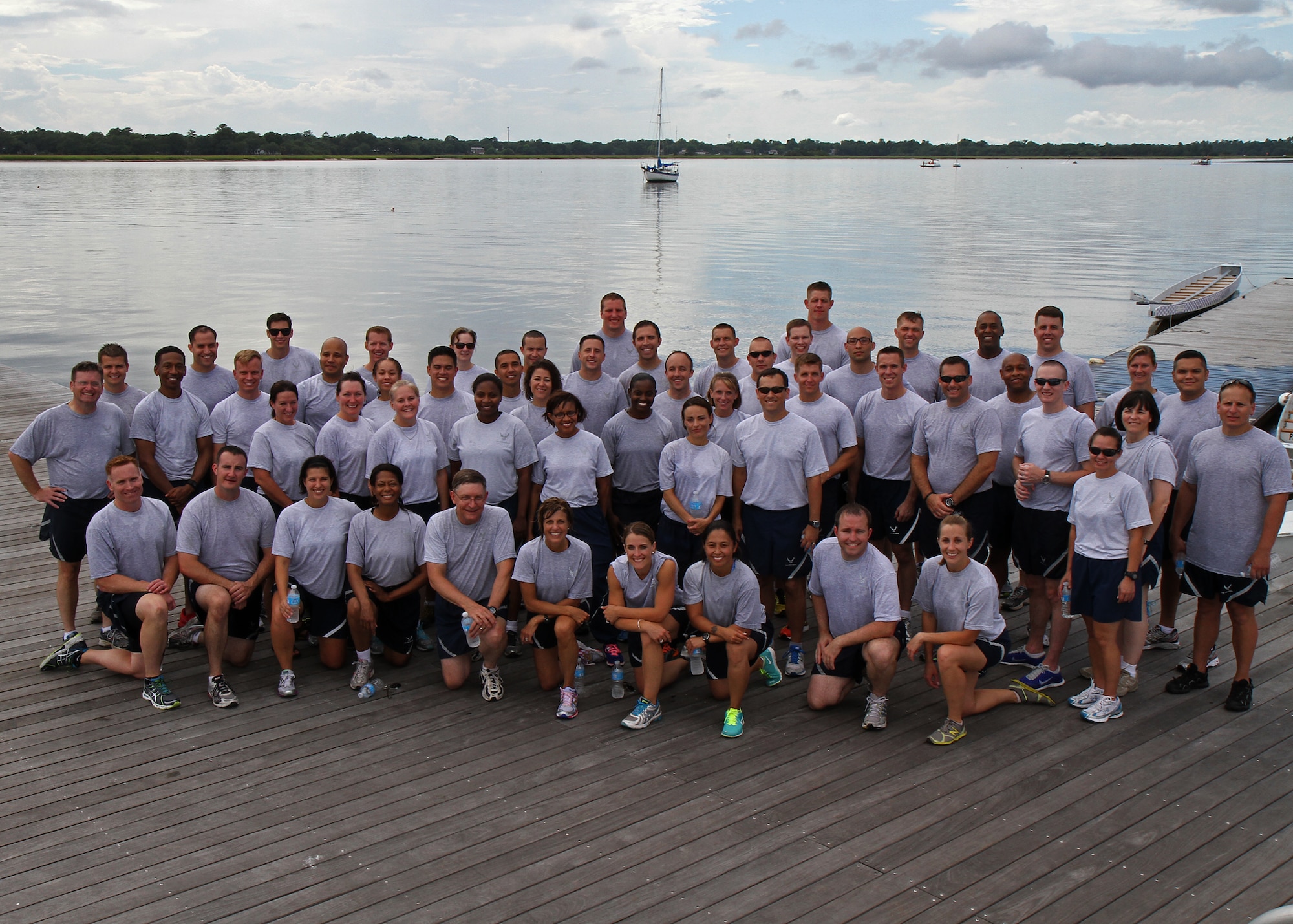 Reserve officers pose for a group photo after particiapating in a team building exercise -the Dragon Boat competition- during an Air Force Reserve Command’s Junior Officer Leadership Development course held at Joint Base Charleston, South Carolina last weekend. The 315th Airlift Wing hosted a group of nearly 50 up-and-coming junior officers at The Citadel military college. (U.S. Air Force photo / Senior Airman Meredith Thomas)