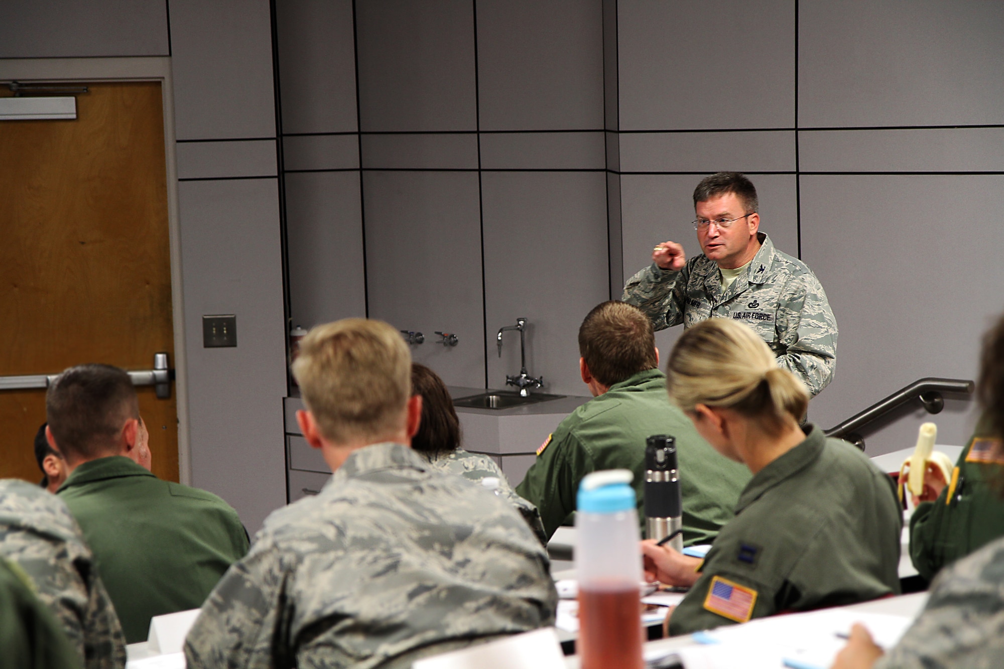 Director of Public Affairs for Air Force Reserve Command, Col. Robert Palmer discusses the popularity of social media in today's Air Force to Reserve officers during an AFRC Junior Officer Leadership Development course held at Joint Base Charleston, South Carolina last weekend. The 315th Airlift Wing hosted a group of nearly 50 up-and-coming junior officers at The Citadel military college. (U.S. Air Force photo / Senior Airman Meredith Thomas)