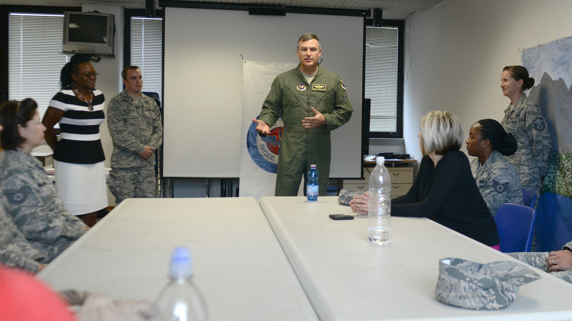 Col. Brent Vosseller, 31st Fighter Wing vice commander, talks to recent graduates of the Resiliency Training Assistant’s course, July 11, 2014, at Aviano Air Base, Italy. The graduates participated in a three-day class, which is an ancillary program of the extensive Air-Force-mandated resilience training program initiated in 2012, named the Master Resilience Instructor Course. (U.S. Air Force photo/Airman 1st Class Ryan Conroy)