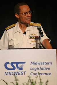 OMAHA, Neb. (July 14, 2014) Commander, U.S. Strategic Command (USSTRATCOM), Adm. Cecil D. Haney speaks at the 69th annual Midwestern Legislative Conference of the Council of State Governments. The conference drew an audience of state officials serving all three branches of government in 11 Midwestern states. Haney discussed USSTRATCOM's essential role detecting, deterring and preventing attacks against the U.S. and its allies, and the important relationship between military installations and the communities where they are located. USSTRATCOM is one of nine DoD unified combatant commands and is charged with space operations, missile defense, global command and control, intelligence, surveillance and reconnaissance, global strike and strategic deterrence, and combating weapons of mass destruction. (U.S. Navy photo by Mass Communication Specialist 1st Class Byron C. Linder/Released)