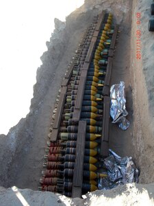 Unsafe mortar shells placed and ready for an explosive detonation by members of the Tennessee Army National Guard's 268th Military Police Company. The Soldiers were selected as part of a unique Explosive Ordinance Disposal mission that very few Soldiers have the opportunity to experience.