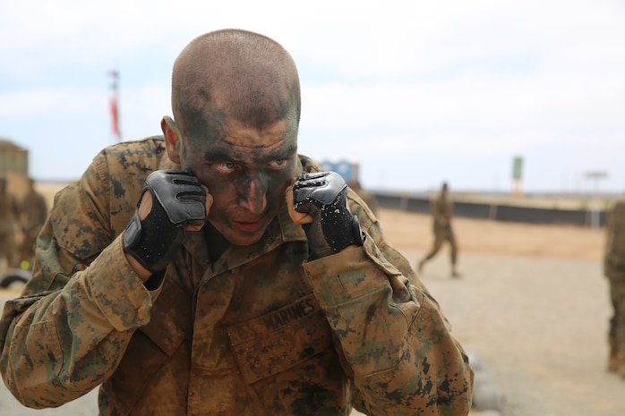 Private Alexander D. Klopfenstein, Bravo Company, 1st Recruit Training Battalion, stands in a basic warrior stance during the body sparring event of the Crucible at Edson Range aboard Marine Corps Base Camp Pendleton, July 1.  Klopfenstein is a native of Bakersfield, Calif., and was recruited out of Recruiting Substation Bakersfield East.