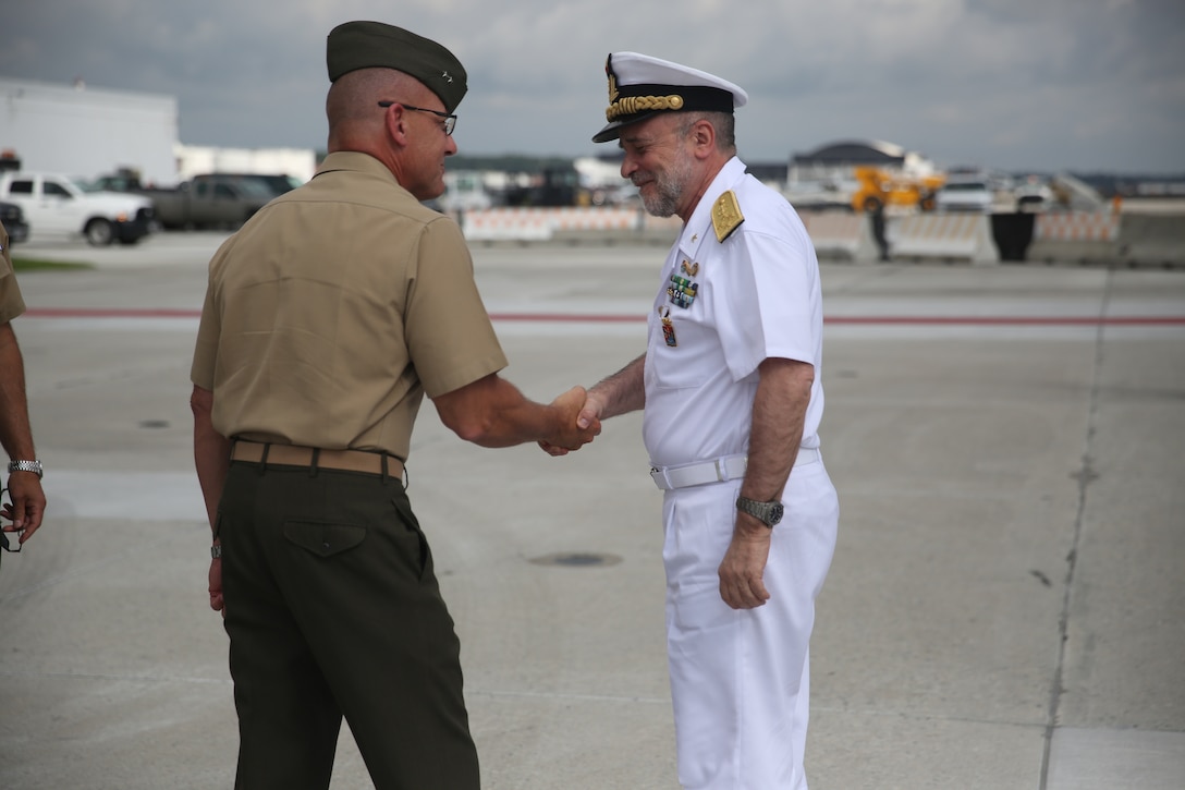 Major General Robert F. Hedelund greets Italian Navy Adm. Luigi Binelli Mantelli during a visit to the air station June 25, 2014, to learn more about Marine Corps aviation and the mission of 2nd Marine Aircraft Wing. Binelli Mantelli is the head of the Italian armed forces and commands their navy, army and air force under the direction of President of the Italian Republic. Hedelund is 2nd Marine Aircraft Wing’s commanding general.


