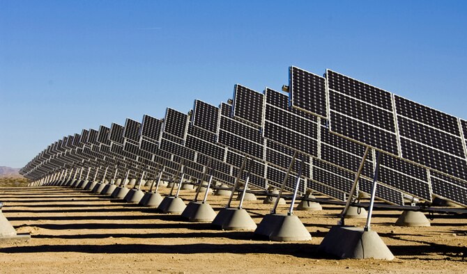 This 14-megawatt solar project at Nellis Air Force Base, Nev., made news in 2007 as the largest solar photovoltaic array in the United States. Now there are plans to expand solar power production at the base. The Air Force recently signed a lease with NV Energy to add a 19-megawatt solar array. Together, the projects will provide up to 42 percent of the energy needed to power Nellis AFB. (U.S. Air Force photo)