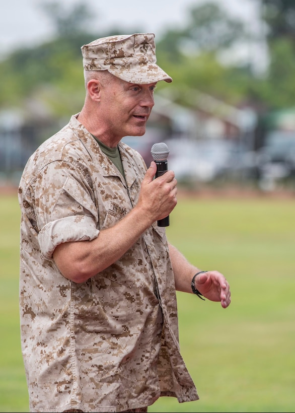 Brig. Gen. Patrick J. Hermesmann, the new commanding general of 4th Marine Logistics Group, delivers remarks during a change of command ceremony here July 13, 2014. Hermesmann is receiving command of 4th MLG from Brig. Gen. Roger R. Machut. 4th MLG supports the Marine Air-Ground Task Force by providing logistics capabilities in tactical and operational environments. (U.S. Marine Corps photo by Lance Cpl. Mackenzie Schlueter/Released)