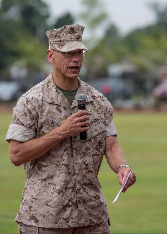 Brig. Gen. Roger R. Machut delivers remarks about his time as 4th Marine Logistics Group’s commanding general during the change of command ceremony, July 13, 2014. 4th MLG supports the Marine Air-Ground Task by providing logistics capabilities in tactical and operational environments. (U.S. Marine Corps photo by Lance Cpl. Mackenzie Schlueter/Released)