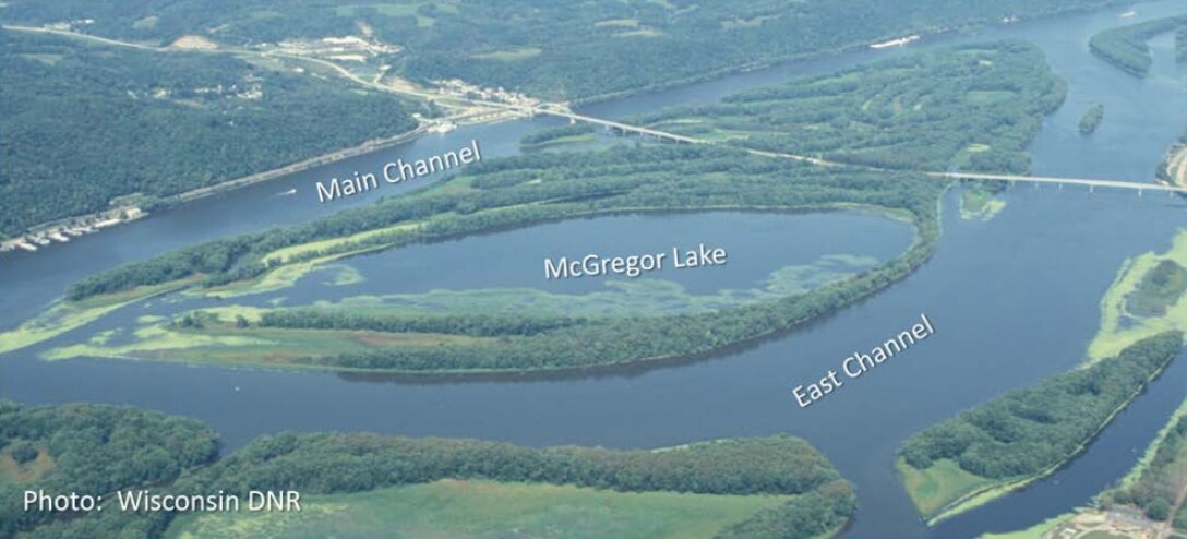 An aerial photo of McGreggor Lake, showing the main and east channels.