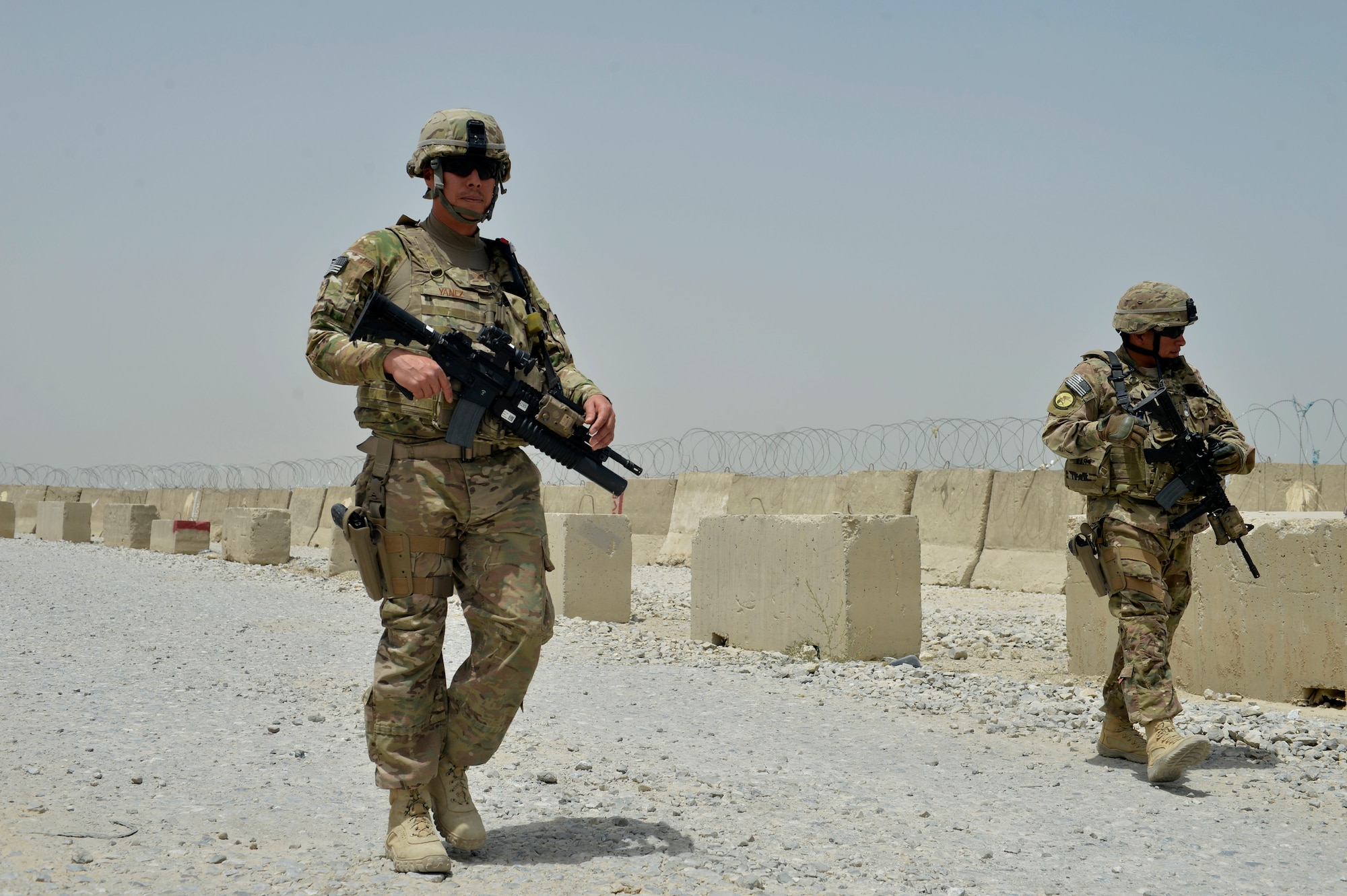 Staff Sgt. Jesus Yanez performs perimeter patrol July 2, 2014, on Bagram Airfield, Afghanistan. Yanez has served in the Marine Corps, Army, Navy and Air Force. He is a 455th Expeditionary Base Defense Squadron defender. (U.S. Air Force photo/Staff Sgt. Evelyn Chavez)