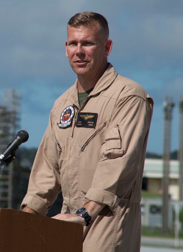 Lt. Col. Matthew W. Stover thanks Okinawa and its residents on behalf of Marine Aerial Refueler Transport Squadron 152 July 15 on Marine Corps Air Station Futenma during the squadron’s take off ceremony. The ceremony commemorates the beginning of VMGR-152’s transfer to MCAS Iwakuni as part of the Marine Corps and Government of Japan’s bilateral effort to reduce impact to communities around MCAS Futenma, realign the presence and distribute the activities of U.S. forces in Japan. Stover is the commanding officer of VMGR-152, Marine Aircraft Group 36, 1st Marine Aircraft Wing, III Marine Expeditionary Force. (U.S. Marine Corps photo by Lance Cpl. Pete Sanders/Released)