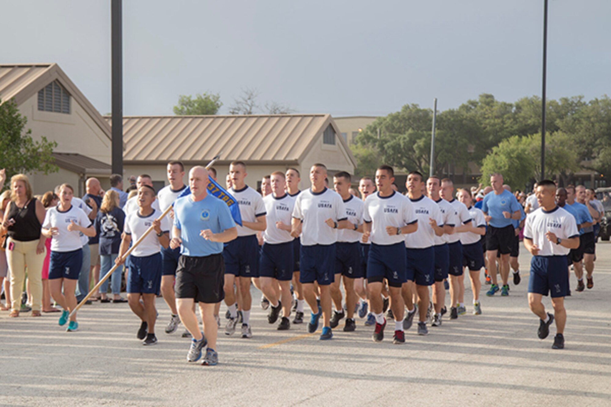 Master Sgt. Daniel Anderson, instructor Military Training Instructor School, led a flight of 26 U.S. Air Force Academy cadets during the Airman’s Run July 10. (U.S. Air Force photo/Joshua Rodriguez)