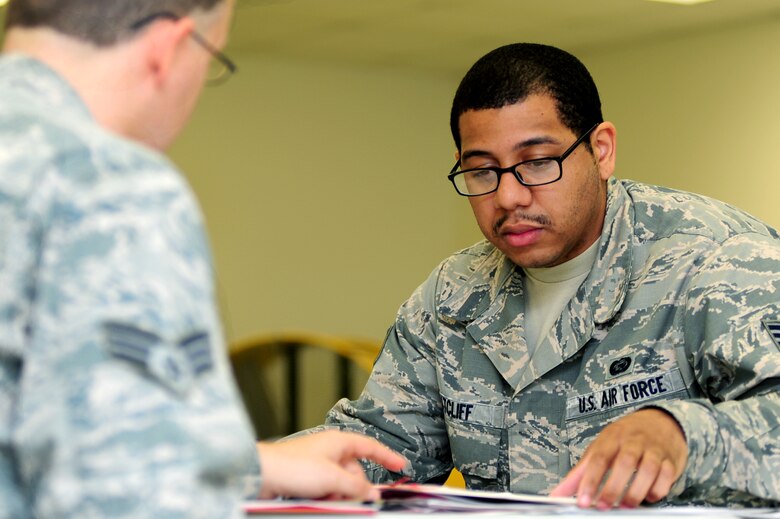 U.S. Air Force Staff Sgt. Kevin Ratcliff, 633rd Force Support Squadron installation personnel readiness specialist, reviews a U.S. Air Force Airman’s mobility folder at Langley Air Force Base, Va., June 14, 2014. In an effort to ensure Langley Air Force Base Airmen are always prepared to be called upon at a moment’s notice, Airmen are encouraged to maintain their readiness by meeting medical requirements. (U.S. Air Force photo by Airmen 1st Class Areca T. Wilson/Released)
                                                                         
