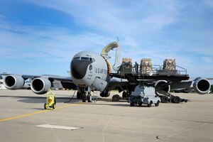 140711-Z-MI929-013 – Airmen at Selfridge Air National Guard Base, Mich., load a shipment of food supplies from the Kids Against Hunger Coalition aboard a KC-135 Stratotanker, July 11, 2014. The shipment was later delivered to a nonprofit organization in Haiti. The aircraft is from the 916th Air Refueling Wing and the ground personnel are from the 127th Logistics Readiness Squadron. The Air Force was delivering the food through a program that allows military aircraft to be used to support private humanitarian efforts under certain scenarios. (U.S. Air National Guard photo by Terry Atwell/Released)