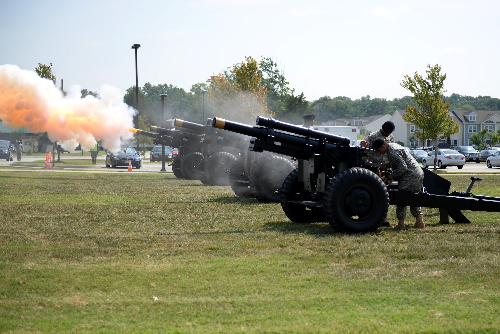 U.S. Army Soldiers perform a 17-gun salute, which is reserved to display respect for lieutenant generals, during an assumption of responsibility ceremony at Fort Eustis, Va., July 15, 2014. The salute was in honor of Lt. Gen. H.R. McMaster who took command of Army Training and Doctrine Command Army Capabilities Integration Center during the ceremony. (U.S. Air Force photo by Senior Airman Teresa J.C. Aber/Released)
