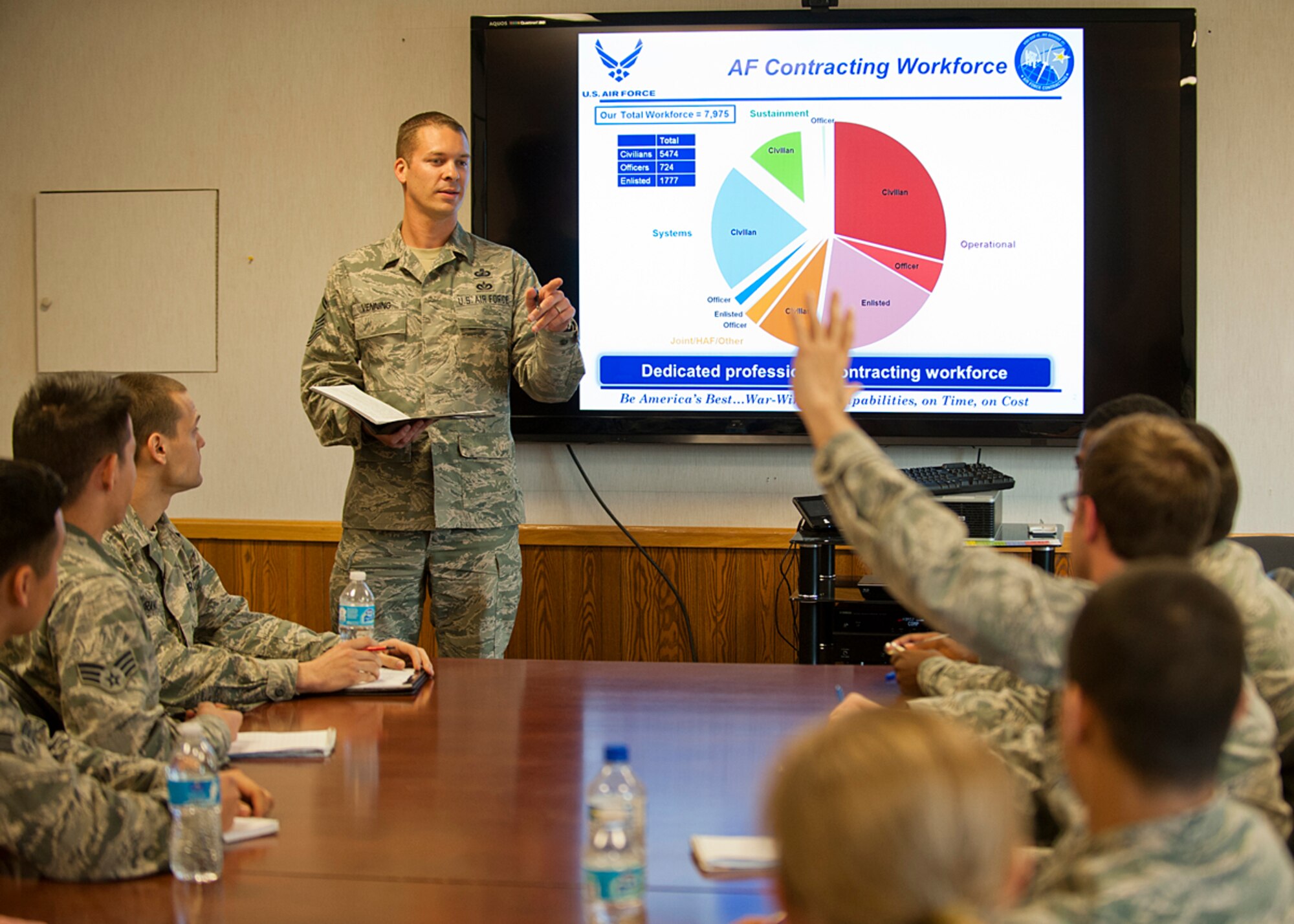 Senior Master Sgt. Michael Venning, 673d Contracting Squadron superintendent, answers a question from an Airman during a contracting workforce briefing at Joint Base Elmendorf-Richardson, Alaska, July 12, 2014. Venning is one of the Air Force's 12 Outstanding Airmen of the Year. The award recognizes 12 outstanding enlisted service members for superior leadership, job performance, community involvement and personal achievements. (U.S. Air Force photo/Airman 1st Class Ty-Rico Lea)