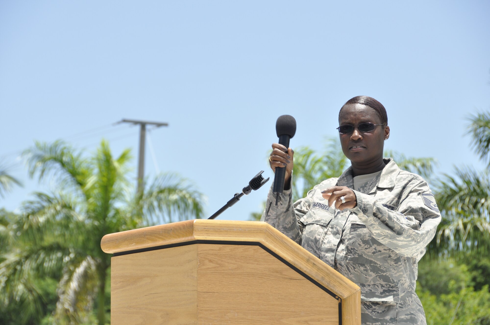 Master Sgt. Leola Harrell, member of the 482nd Medical Squadron, talks about the base's zero tolerance policy for drug use and how the number of positive marijuana tests have doubled in the last year during the commander's call as part of Wingman day on July 12. (U.S. Air Force photo by/Senior Airman Nicholas Caceres)