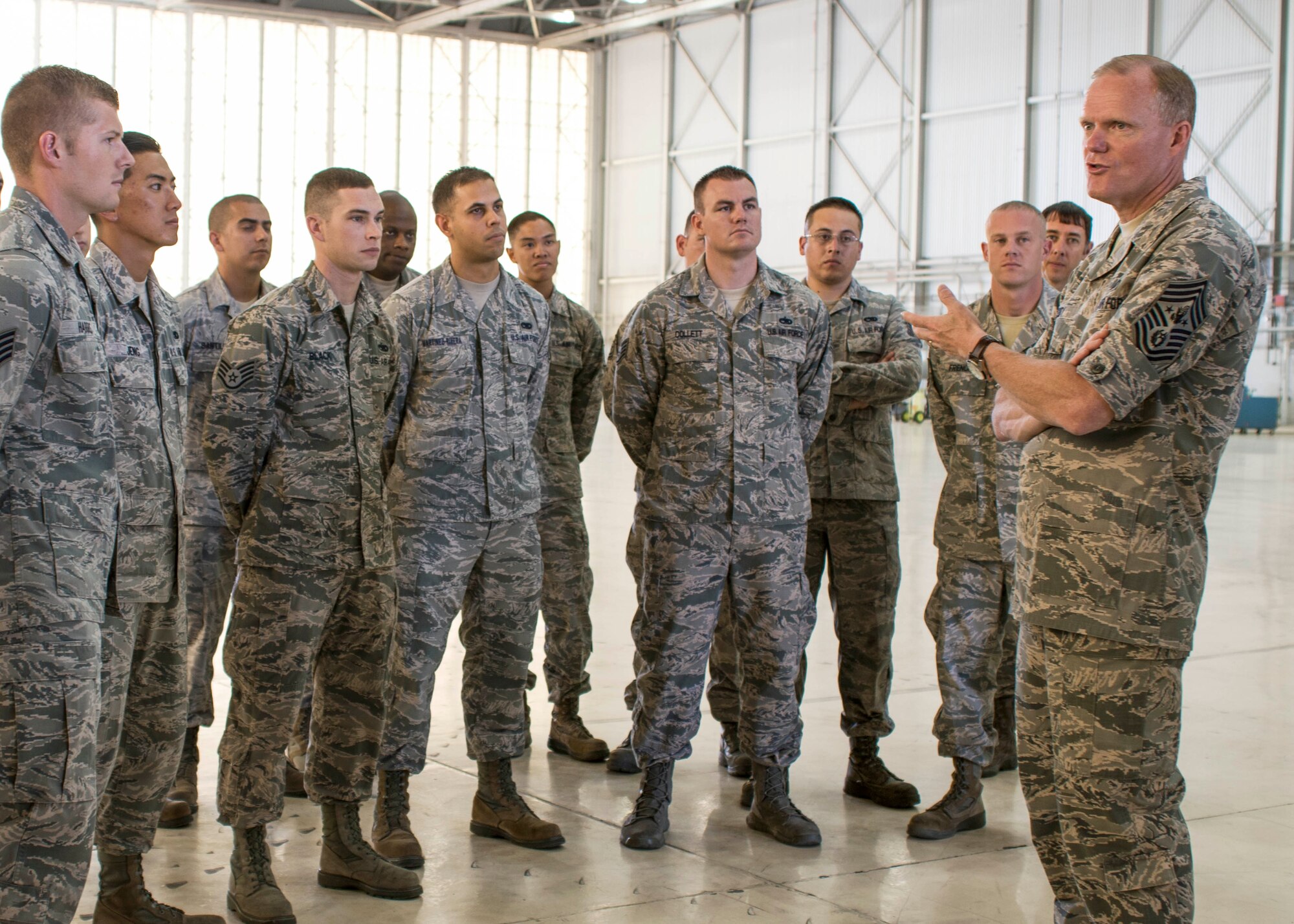 Chief Master Sergeant of the Air Force, James Cody visited the 412th Maintenance Group July 14, where he shook hands with the maintainers in Hangar 1600.  Cody and his wife Athena arrived in the morning for a one-day visit. He was given a 412th Test Wing mission brief and visited various units on base including the Joint Strike Fighter Integrated Test Force, 412th Aerospace Medicine Squadron, 412th Security Forces Squadron and the Edwards tower. (U.S. Air Force photo by Aaron Lewis)