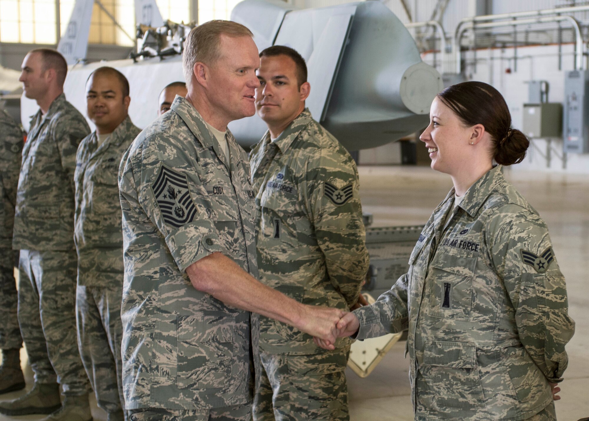 Chief Master Sergeant of the Air Force, James Cody (right) addresses Airmen of the 412th Maintenance Group during his visit to Edwards Air Force Base, July 14. (U.S. Air Force photo by Aaron Lewis) 