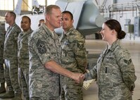 Chief Master Sergeant of the Air Force, James Cody (right) addresses Airmen of the 412th Maintenance Group during his visit to Edwards Air Force Base, July 14. (U.S. Air Force photo by Aaron Lewis) 