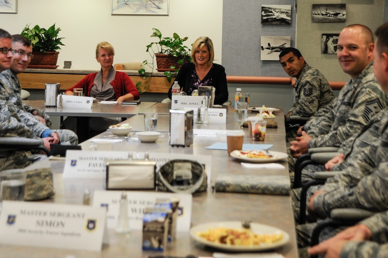 Mrs. Athena Cody, wife of Chief Master Sgt. of the Air Force, James A. Cody, has breakfast with Team Vandenberg First Sergeants July 8, 2014, Vandenberg Air Force Base, Calif.  Mrs. Cody spoke on the importance of the Key Spouses program and taking care of Airmen and families.  During her visit, Mrs. Cody toured numerous facilities that offer programs to improve quality of life for the enlisted force and their families. (U.S. Air Force photo by Airman 1st Class Yvonne Morales/Released)