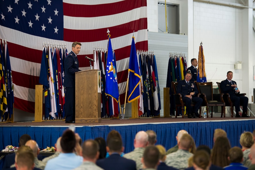 Col. Jason Armagost, 5th Bomb Wing Commander, speaks during the 5th BW Change of Command ceremony on Minot Air Force Base, N.D., July 14, 2014. The 5th BW is the host wing at Minot AFB and is also part of Air Force Global Strike Command. (U.S. Air Force photo/Senior Airman Andrew Crawford) 