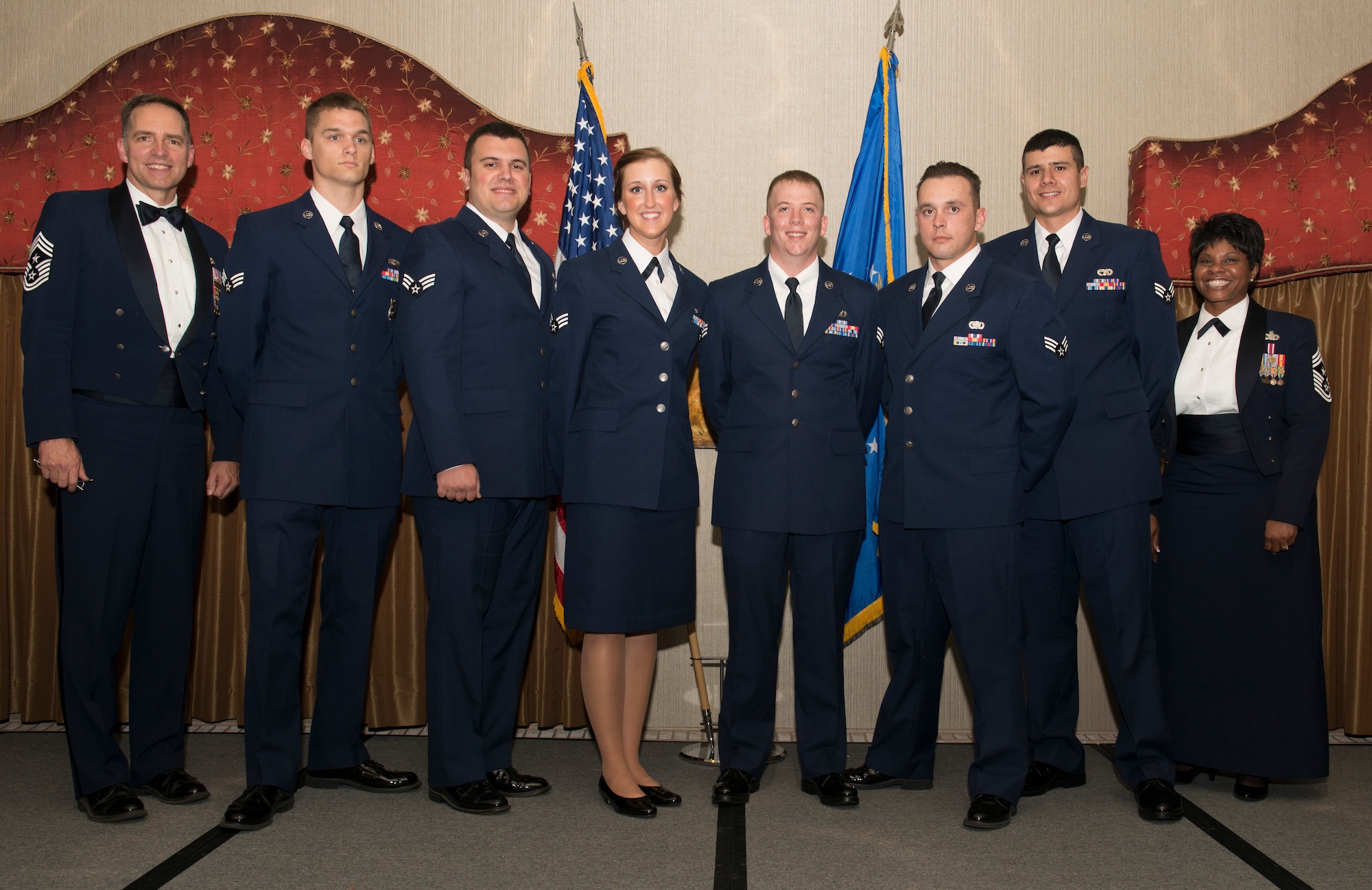 Congratulations to the Airman Leadership School Class 14-F graduates!  The
following award winners were recognized at last week's ceremony:
(from left to right) Senior Airman Preston Peterson, 5th Security Forces Squadron, Distinguished Graduate; Senior Airman Jerod Bigley, 5 Operations Support Squadron, Academic and Distinguished Graduate; Senior Airman Kammi Fiegen, 114th Medical Group, Levitow Award; Senior Airman Horace Hand, 5th Civil Engineer Squadron, Commandant Award; Senior Airman John Cutter, 5th Logistics Readiness Squadron, Distinguished Graduate; Senior Airman Juan Cardenas, 5 LRS, Distinguished Graduate. (U.S. Air Force photo/Airman 1st Class Sahara L. Fales)