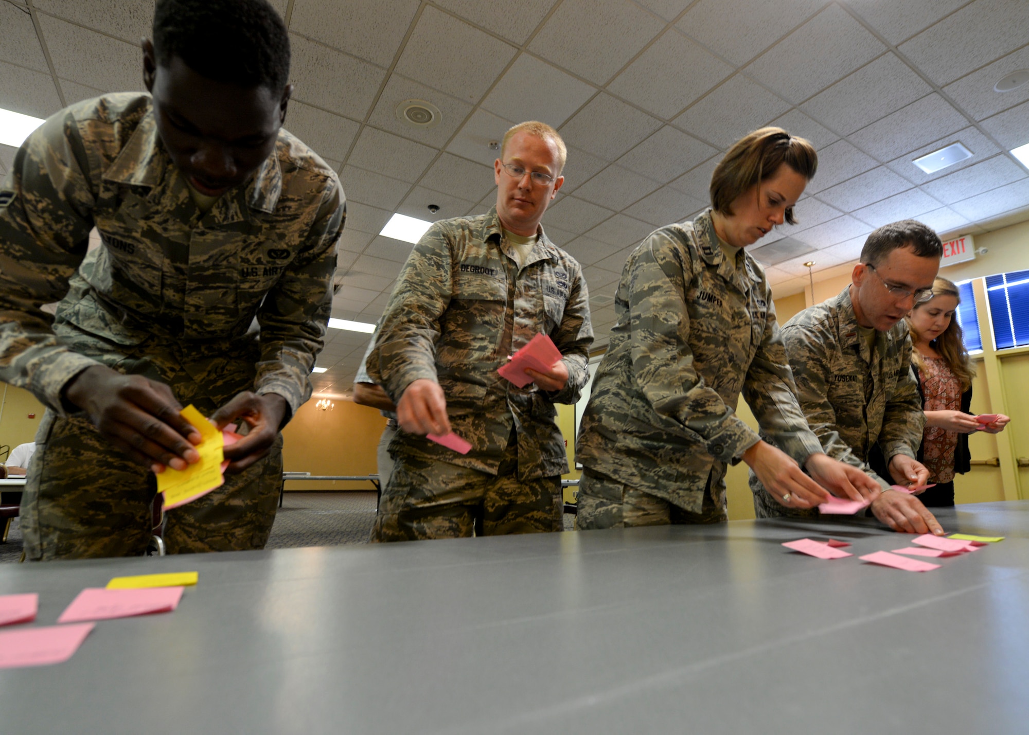 Ellsworth Airmen and community partners share findings during a vision training workshop at the Dakota’s Club at Ellsworth Air Force Base, S.D., July 11, 2014. The two-day training focused on helping Ellsworth build a conclusive base vision and assisted in creating attainable goals for future installation development. (U.S. Air Force photo by Senior Airman Anania Tekurio/Released) 