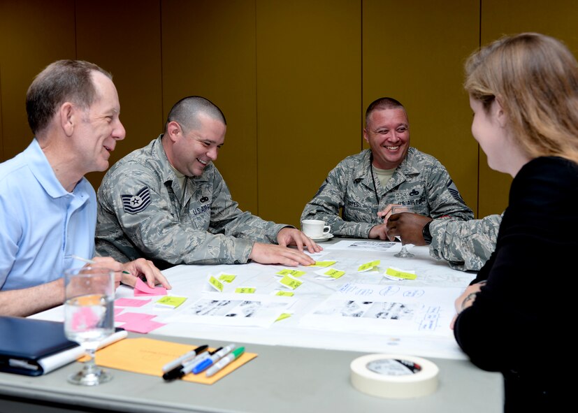 Ellsworth Airmen and community partners take part in base development activities during a vision training workshop at the Dakota’s Club at Ellsworth Air Force Base, S.D., July 11, 2014.  Participants worked in teams and received training to help guide base and community stakeholders in creating a planning vision for future infrastructure developments at Ellsworth. (U.S. Air Force photo by Senior Airman Anania Tekurio/Released)