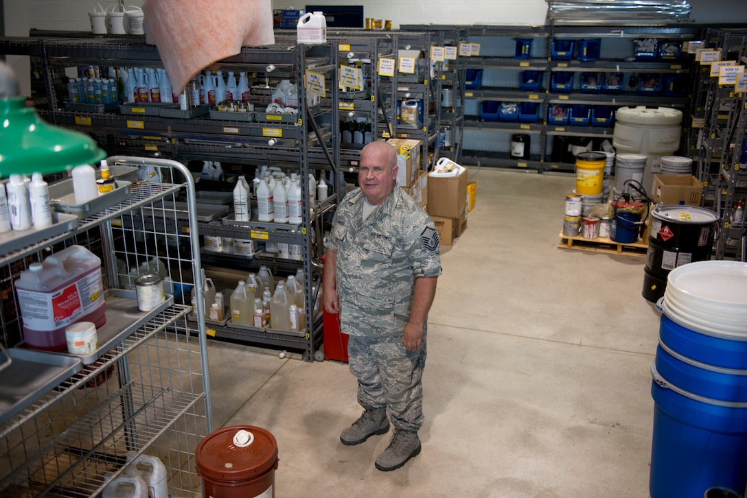 Master Sgt. Ronnie Dailey, the hazardous materials pharmacy (HazMart) manager in the Logistics Readiness Squadron at the 167th Airlift Wing in Martinsburg, W.Va., stands among some of the 1,200 HazMart items at the 167th HazMart. Dailey is responsible for controlling and maintaining accountability of all hazardous materials on the wing. (Air National Guard photo by Staff Sgt. Jodie Witmer)