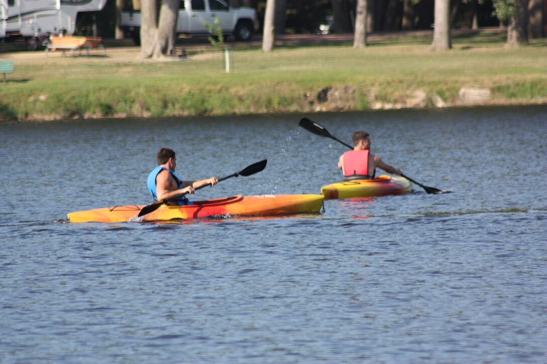 Kayakers spend some time on Lake Yankton at the Gavins Point Project.  Lake Yankton is a favorite for kayakers because of the gas motor restriction on the lake