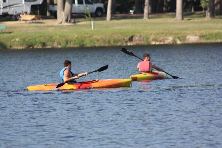 Kayakers spend some time on Lake Yankton at the Gavins Point Project.  Lake Yankton is a favorite for kayakers because of the gas motor restriction on the lake