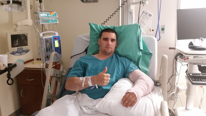 Staff Sgt. Philip Strumsky underwent four surgeries to repair his arm after an ATV accident. The swift actions of Airman 1st Class Makayla Conant saved his arm and probably his life. Both Airmen are Reservists assigned to the 477th Security Forces Squadron. (Courtesy Photo)