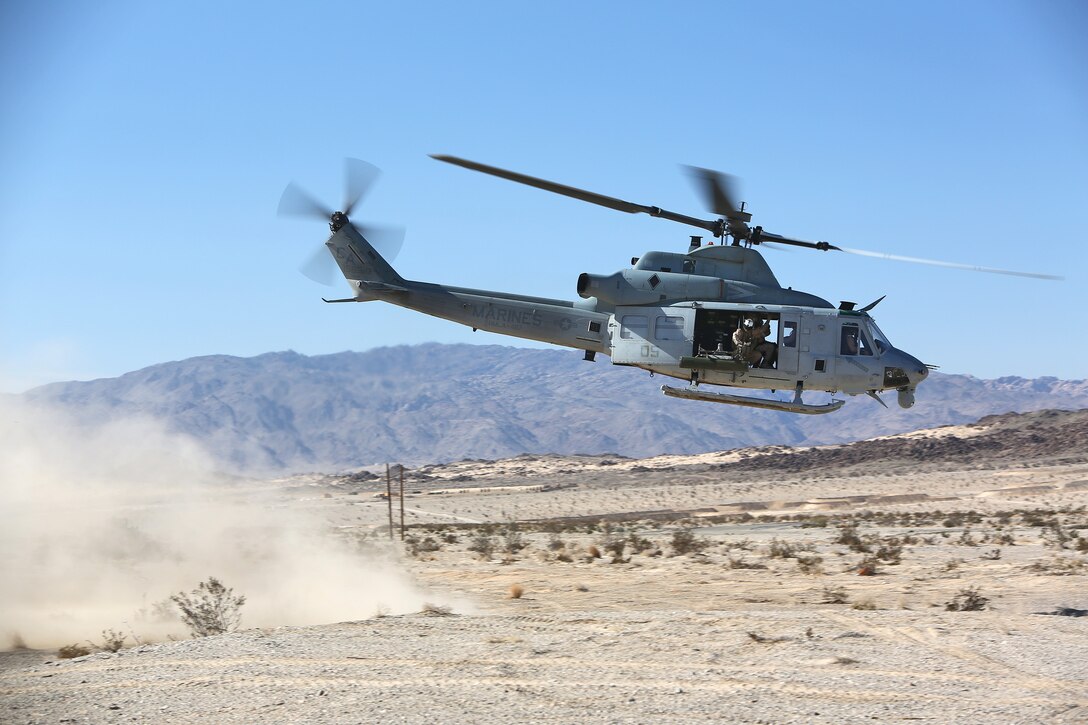 A UH-1Y Huey takes-off with simulated casualties when Combat Logistics Battalion 1, Combat Logistics Regiment 1, 1st Marine Logistics Group, conducted the Marine Readiness Exercise aboard Marine Corps Air Ground Combat Center Twenty-nine Palms, Calif., March 26, 2014. The MRX is part of the month-long Integrated Training Exercise 3-14 that prepares the battalion for its role as the logistics combat element in the final combat deployment in support of Operation Enduring Freedom. 