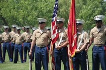 The color gaurd for Recruiting Station Chicago awaits for the Change of Command Ceremony to begin, June 16. Major Aaron Lloyd relinquished command of Recruiting Station Chicago to Major Shanelle Porter.