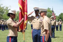 Major Aaron Lloyd relinquishes command of Recruiting Station Chicago to Major Shanelle Porter during a Change of Command ceremony, June 16.