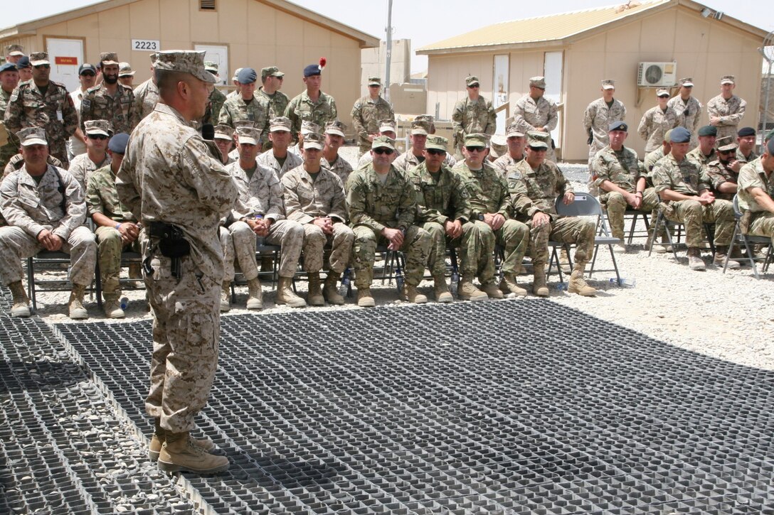 Brig. Gen. Daniel D. Yoo, commander, Regional Command (Southwest), addresses service members during the Georgian flag-lowering ceremony aboard Camp Leatherneck, Helmand province, Afghanistan, July 15, 2014. The ceremony marked the end of mission for the Republic of Georgia's army serving with Regional Command (Southwest).