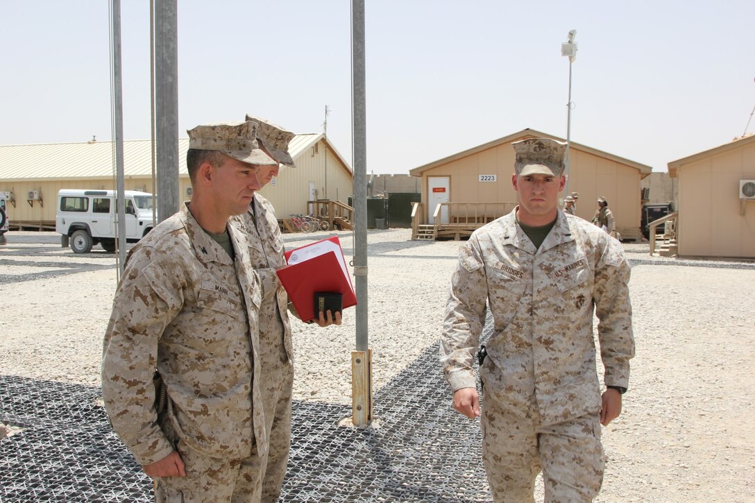 First Lt. Joshua Bridges, a native of Morganton, N.C., and assessments and plans officer, Regional Command (Southwest), was awarded a Navy and Marine Corps Achievement Medal during a ceremony aboard Camp Leatherneck, Afghanistan, July 13, 2014. Bridges deployed to Helmand province during Jan. 2014 and was vital to RC(SW) planning efforts during the 2014 Afghan presidential elections and the upcoming transition of full security responsibility to the Afghan National Security Forces in the region by the end of 2014.