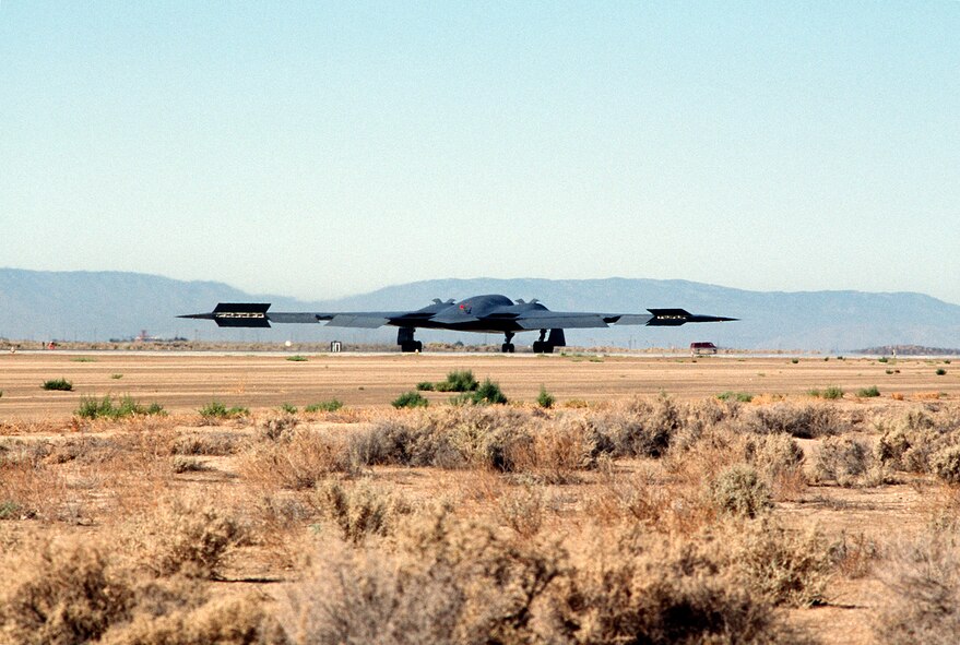 The first ever B-2 Spirit bomber to fly, lands July 17, 1989, at Edwards Air Force Base, California after its first flight. The B-2 is a global strike capable aircraft which provides a layer of strategic deterrence for threats that emerge in the world. (Defense Imagery Management Operations Center photo/Released) 