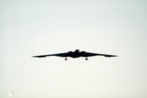 The first ever B-2 Spirit bomber to fly, on final approach July 17, 1989, at Edwards Air Force Base, California. The B-2 is a global strike capable aircraft which provides a layer of strategic deterrence for threats that emerge in the world. (Defense Imagery Management Operations Center photo/Released) 